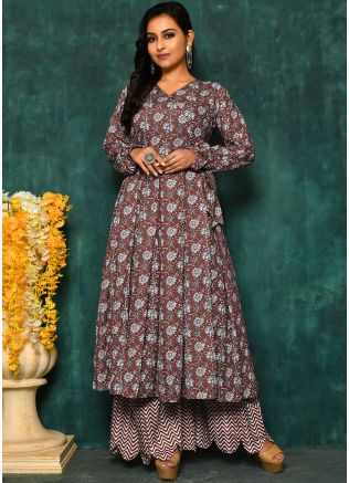 Brown Readymade Floral Printed Kurta Set In Cotton