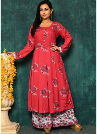 Red Floral Readymade Kurta Set In Cotton Silk