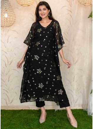 Readymade Black Sequined Georgette Kaftan With Pant