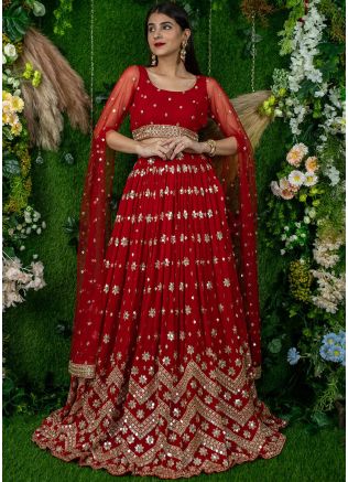 Red Cape Sleeved Top And Skirt With Sequins Details