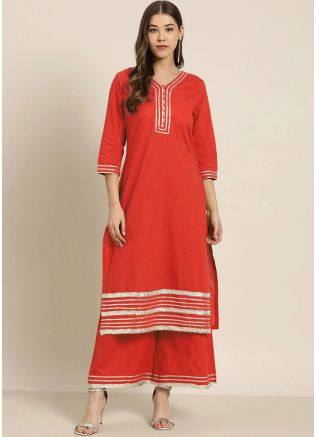 Readymade Red Rayon Gota Patti Kurta & Palazzo