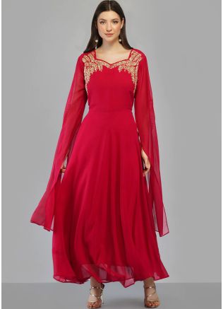 Readymade Red Embroidered Kurta & Churidaar