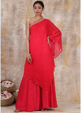 Readymade Red One Shoulder Bandhej Print Palazzo Set