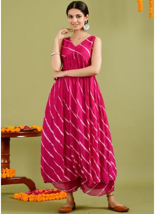 Pink Leheria Print Flared Kurta Set