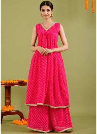 Pink Readymade Leheria Print Kurta Set