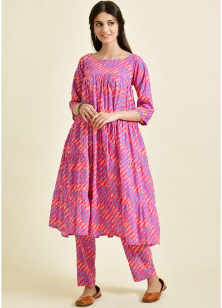 Pink Leheria Printed Tiered Kurta Set