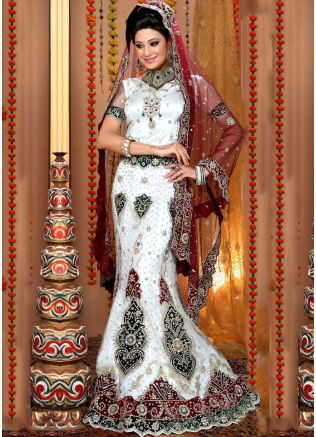 Shop for Embroidered White Net Fish Cut Lehenga Choli Online in USA