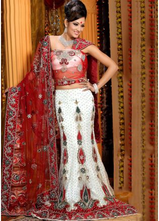 Embroidered White Net Lehenga