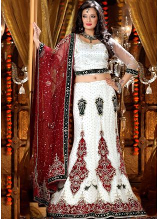 Embroidered White Net Lehenga