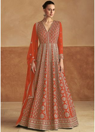 Readymade Orange Zari Embroidered Abaya Suit