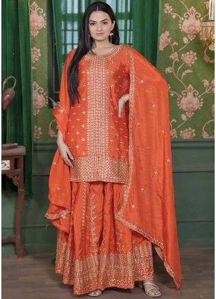 Orange Readymade Embroidered Sharara Suit