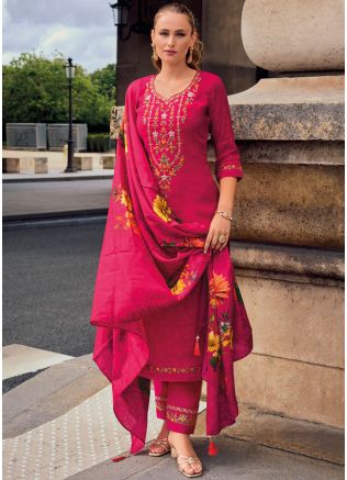 Peach Embroidered Salwar Suit Set In Viscose