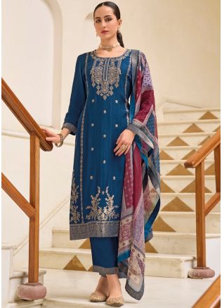 Blue Viscose Salwar Suit Set In Zari Woven Work