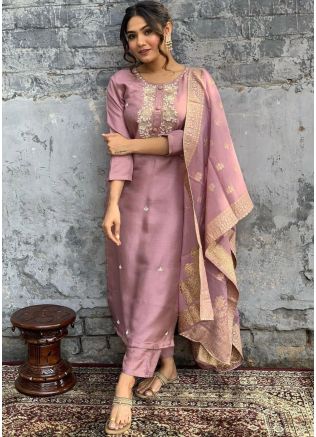 Mauve Purple Embroidered Readymade Pant Suit