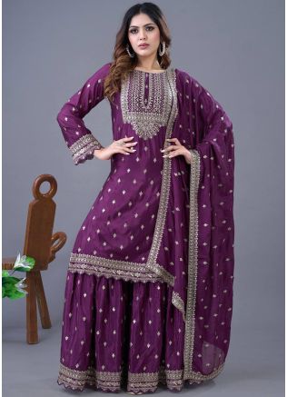 Purple Embroidered Readymade Sharara Suit Set