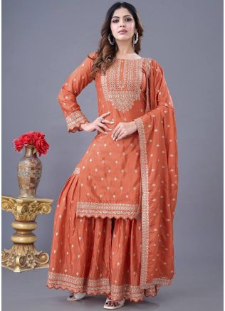 Readymade Orange Embroidered Sharara Suit