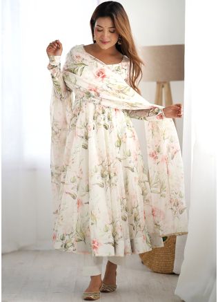 Readymade Off White Floral Print Organza Anarkali Suit