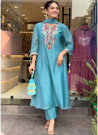 Blue Readymade Embroidered Pant Suit In Chanderi