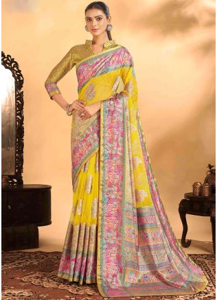 Yellow Brasso Work Saree In Georgette
