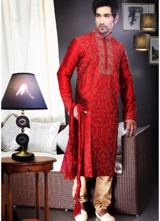 Readymade Red Art Silk Kurta Pyjama