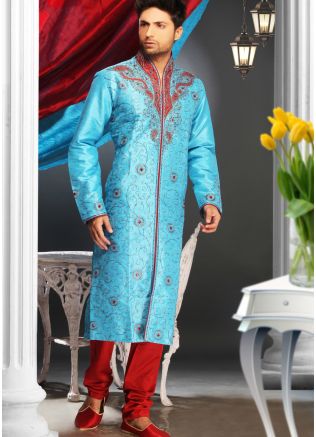 Readymade Blue Art Silk Kurta Pyjama