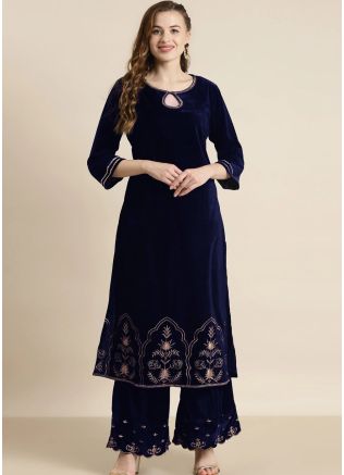 Blue Readymade Velvet Palazoo & Indian Tunic Dresses Online