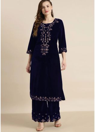 Blue Embroidered Straight Cut Designer Indian Tunics USA Online