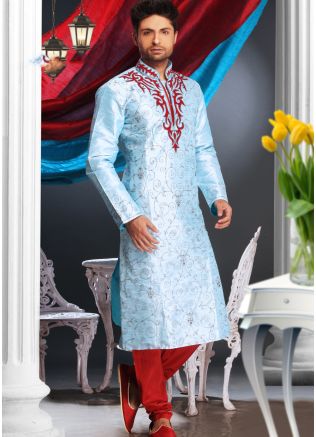 Readymade Blue Art Silk Kurta Pyjama