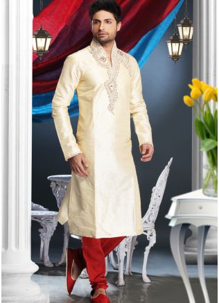 Readymade Cream Art Silk Kurta Pyjama