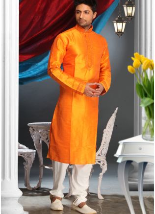 Readymade Orange Art Silk Kurta Pyjama