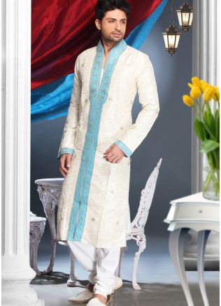 Readymade Cream Art Silk Kurta Pyjama