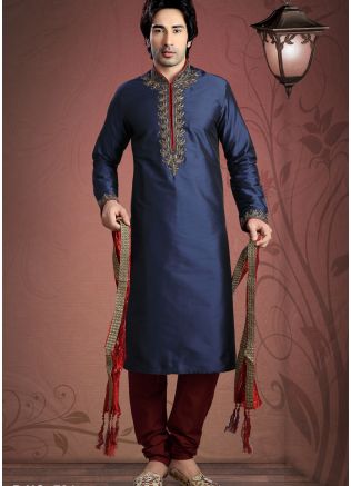 Readymade Navy Blue Art Silk Kurta Pyjama