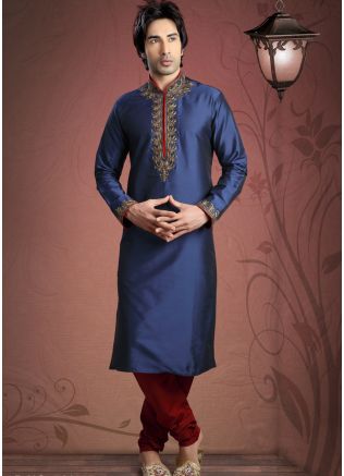 Readymade Blue Art Silk Kurta Pyjama