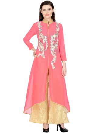 Pink Embroidered Kurta Set In Georgette