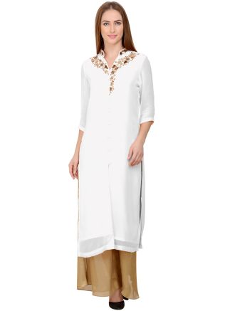 White Embroidered Kurta Set In Georgette