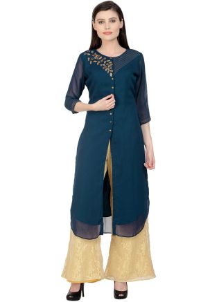 Blue Embroidered Slit Style Kurta Set