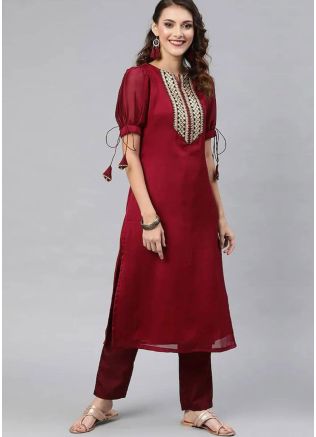 Maroon Readymade Embroidered Kurta Set