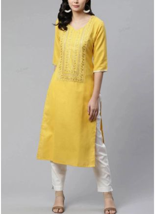 Yellow Embroidered Kurta With Pant Set