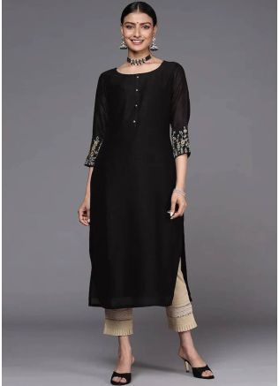 Black Embroidered Kurta Pant Set In Dupion Silk