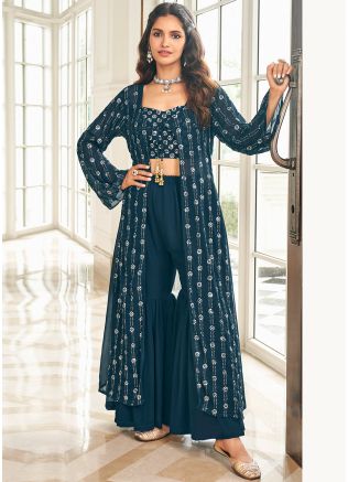 Blue Sequins Embellished Jacket Style Top & Gharara Set