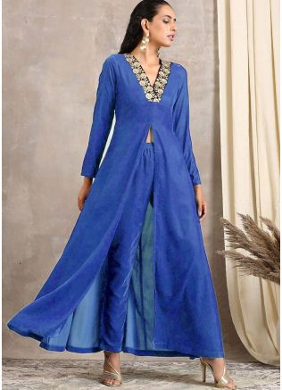 Blue Readymade Long Velvet Pant & Women Indian Tunic Online USA