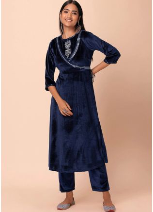 Blue Readymade Velvet Long Kurta & Pant