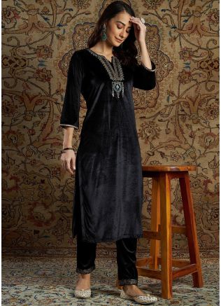 Black Readymade Embroidered Kurta Set