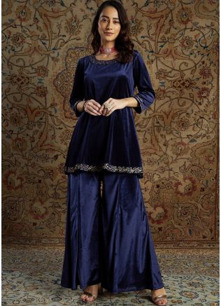 Blue Readymade Velvet Tunic & Palazoo