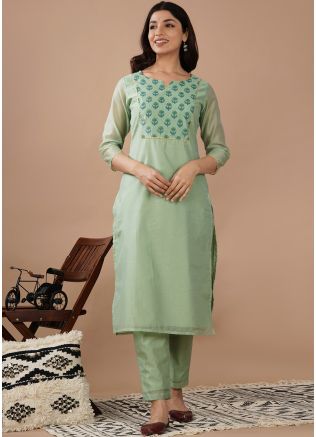 Green Hand Block Printed Straight Cut Suit