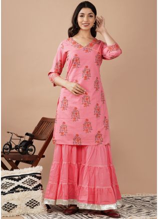 Pink Hand Block Printed Kurta With Sharara