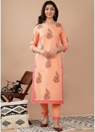 Peach Hand Block Printed Suit & Pant