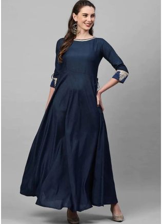 Navy Blue Kurta Churidar Set In Rayon