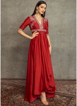 Red Embroidered Asymmetric Kurta & Pant