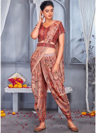 Peach Indo Western Sequinned Dhoti & Top With Belt